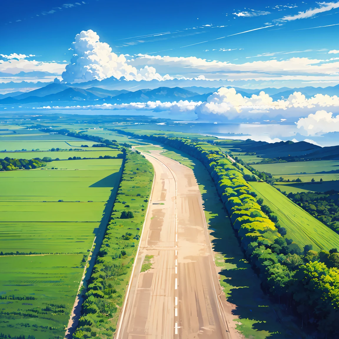 A single road winding through a beautiful landscape, Vast plains, wealthy, flower, Earth, horizon, Cumulonimbus, blue sky,
