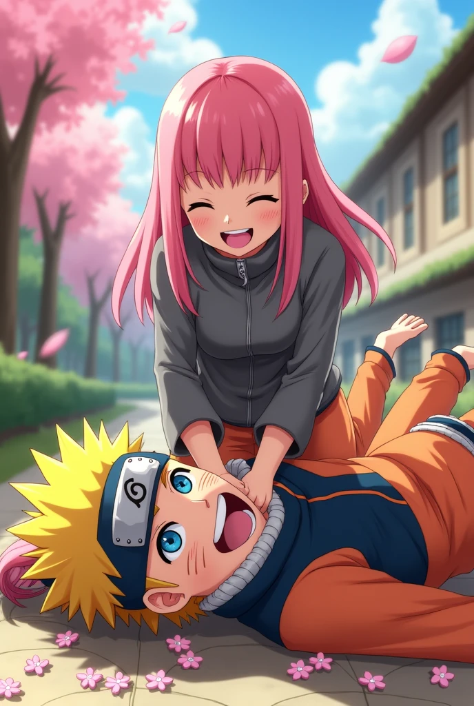 Naruto lying face up on the floor sticking out his tongue on top of Sakura who stretches her leg putting her foot on Naruto's face