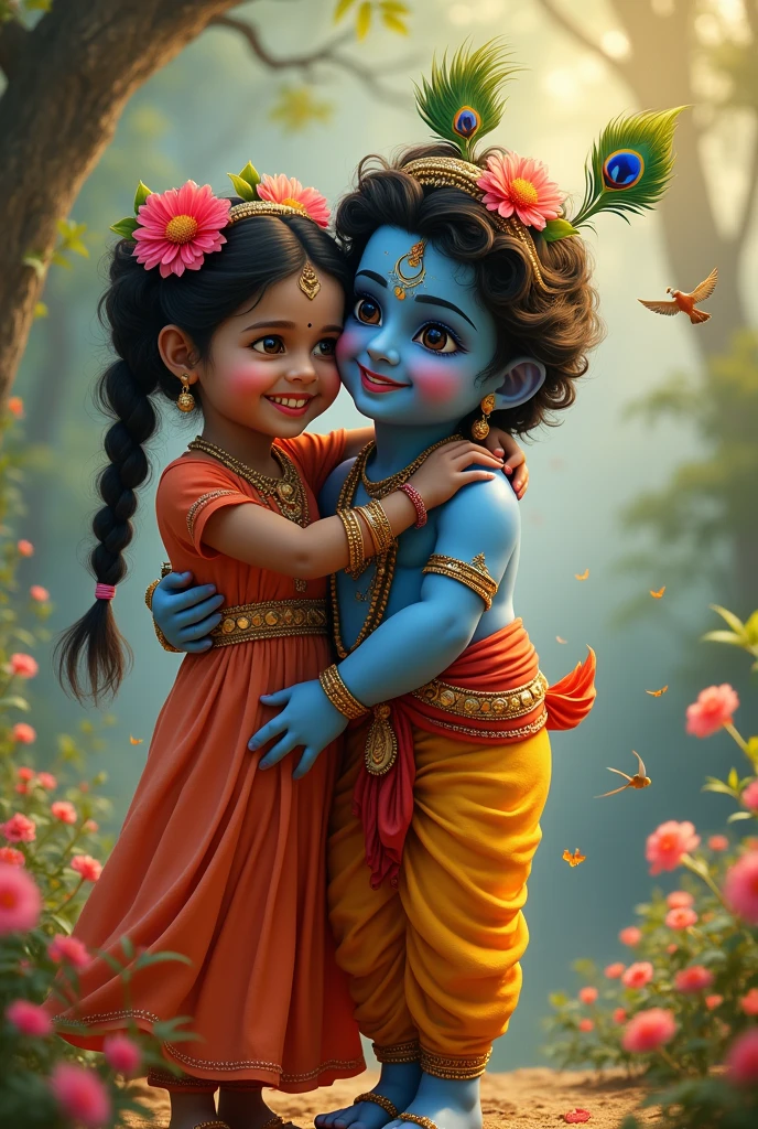 A girl hug lord krishna and her name is Barsha and print her name on her shirt
