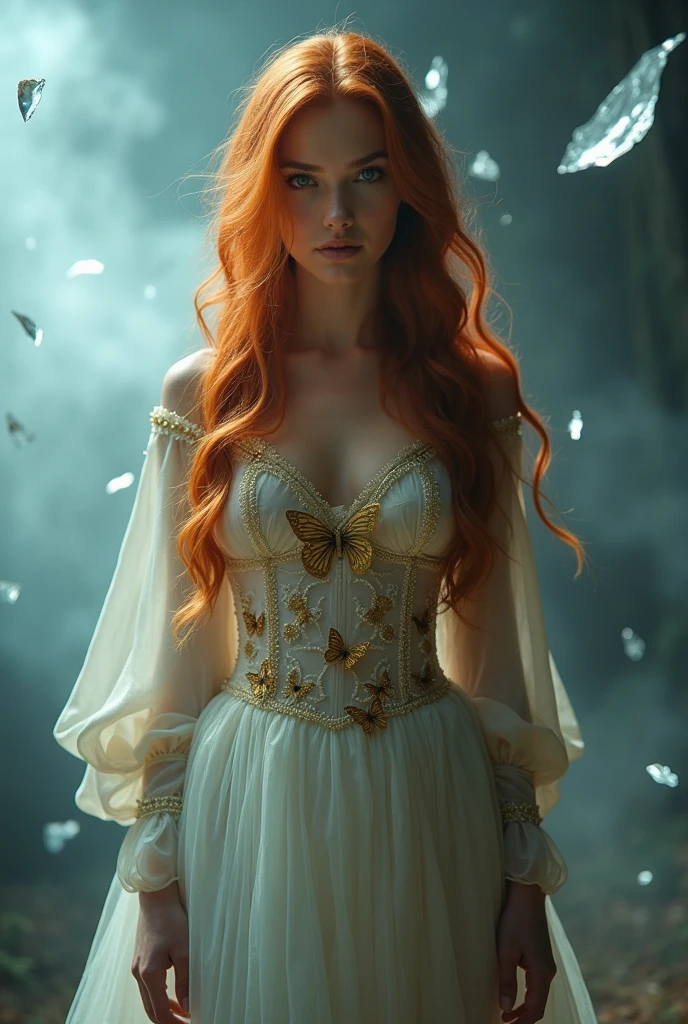 (solo, full body photo:1.3), (action packed:1.3), (haze, fog, mist:1.3), chiaroscuro, best quality, photorealistic, 1woman, (cute), (24yo:1.2), redhead, long ginger hair highly detailed, 1700'S, digital photography, art by artgerm and ruan jia and greg rutkowski surreal painting gold butterfly filigree, broken glass, (masterpiece, sidelighting, finely detailed Fashionable eyes: 1.2) (perfect oval large eyes that gazes at the viewer), beautiful detailed face, blue gorgeous perfect eyes, (blonde hair ponytail), (attractive young woman:1.3), (thick amazing hair), (seductive:1.1), (blushing:1.1)