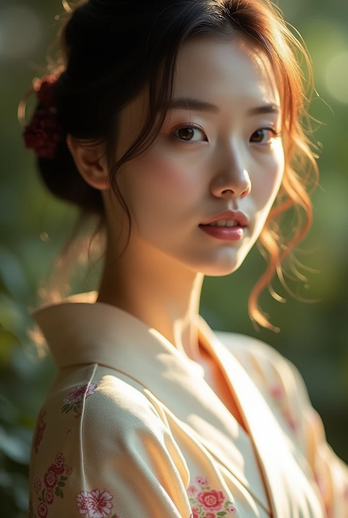 An elegantly dressed Japanese woman in natural light、A close-up of her chest and calm expression.、It shows her inner peace and outer charm.。