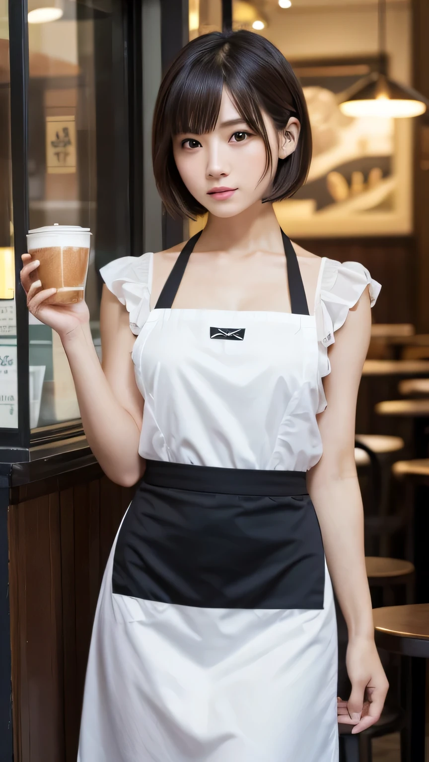 (Ultra-realistic), (figure), (High resolution), (8k), (Very detailed), (Best figure), (Beautiful and detailed), (Highest quality), (Super detailed), (masterpiece), (wallpaper), (Detailed face), alone, One Girl, watching viewer, Cafe staff、apron，Cafe latte、Less exposure、Fine details, Detailed face, In the Dark, Deep Shadow, Modest, Pure Erotic Face Ace_v1, cool, short hair, Pointed diagonal bangs，Aoyama Street