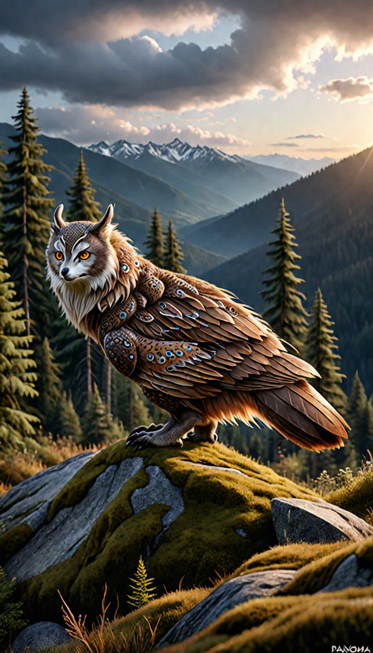 Panorama，In the mountains and forests，A creature with two pairs of eyes(best quality，4K，8k，High level，masterpiece：1.2），Ultra Detailed，（lifelike，Photo real，Photo real：1.37），Highly detailed animals，Complex patterns，Realistic lighting