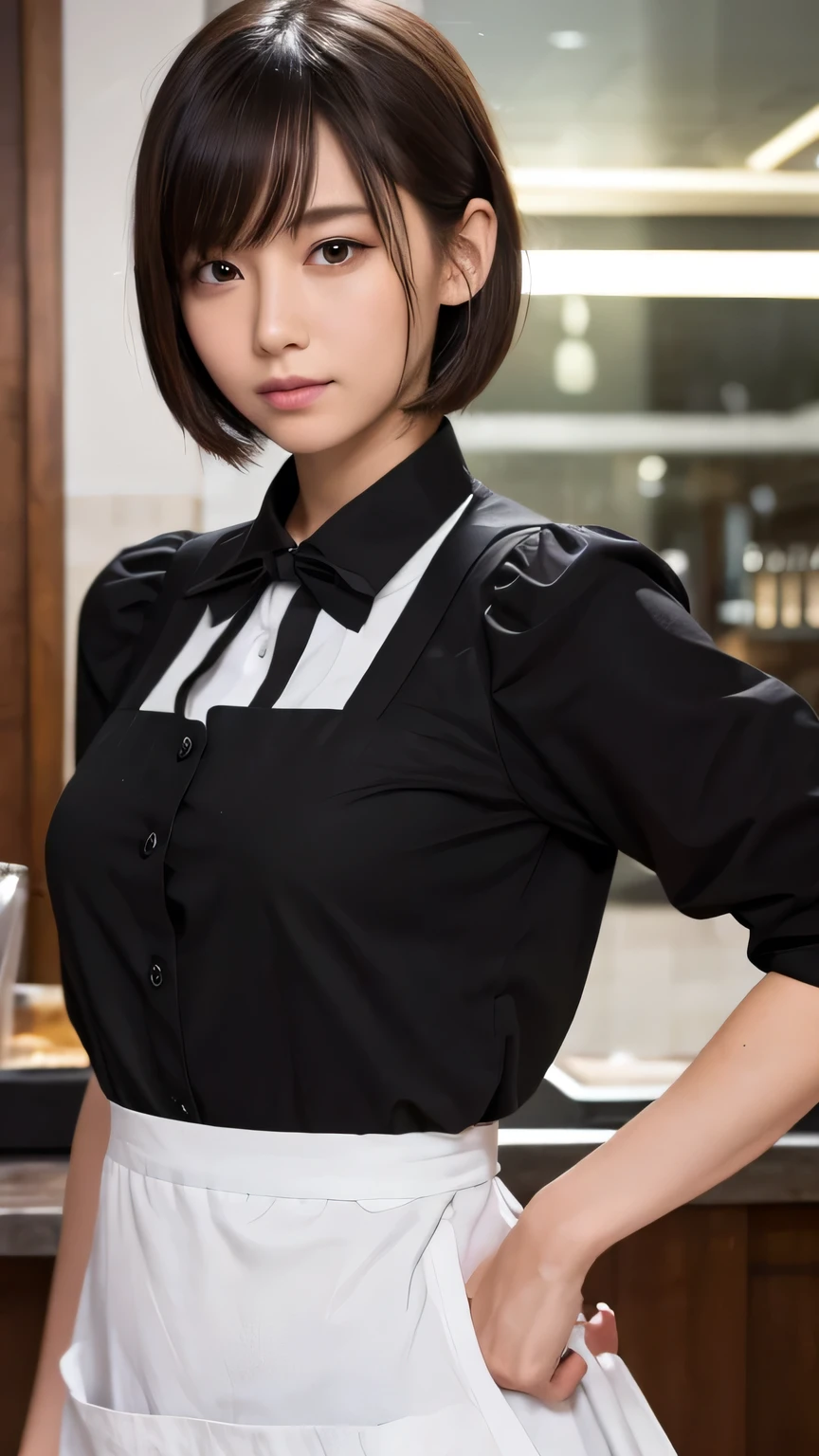 (Ultra-realistic), (figure), (High resolution), (8k), (Very detailed), (Best figure), (Beautiful and detailed), (Highest quality), (Super detailed), (masterpiece), (wallpaper), (Detailed face), alone, One Girl, watching viewer, Cafe staff、apron,Cafe latte、Less exposure、Fine details, Detailed face, In the Dark, Deep Shadow, Modest, Pure Erotic Face Ace_v1, cool, short hair, Pointed diagonal bangs,Aoyama Street