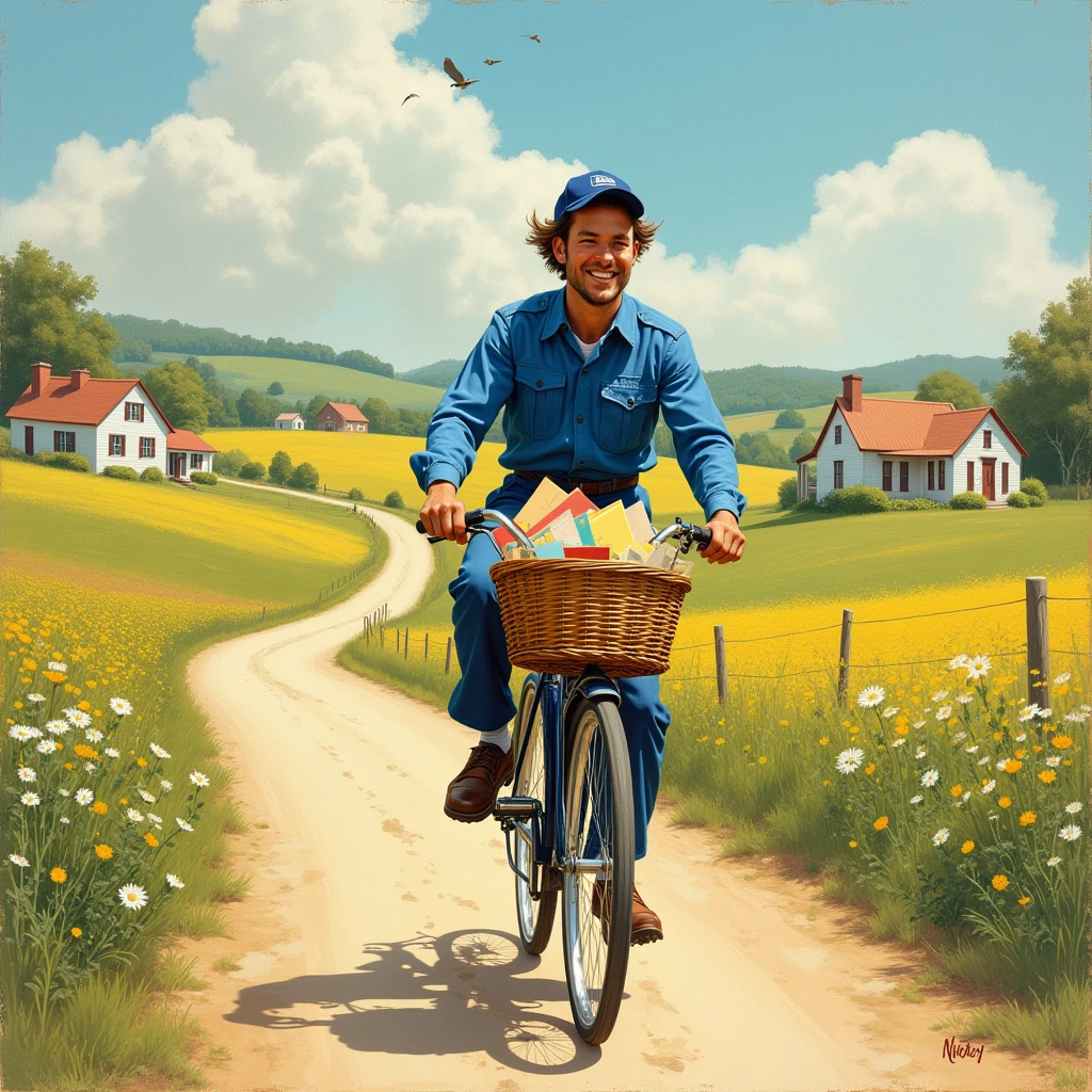 postman delivering by bicycle, good old american landscape painting, somewhat humorous, pastoral, Norman Rockwell style,