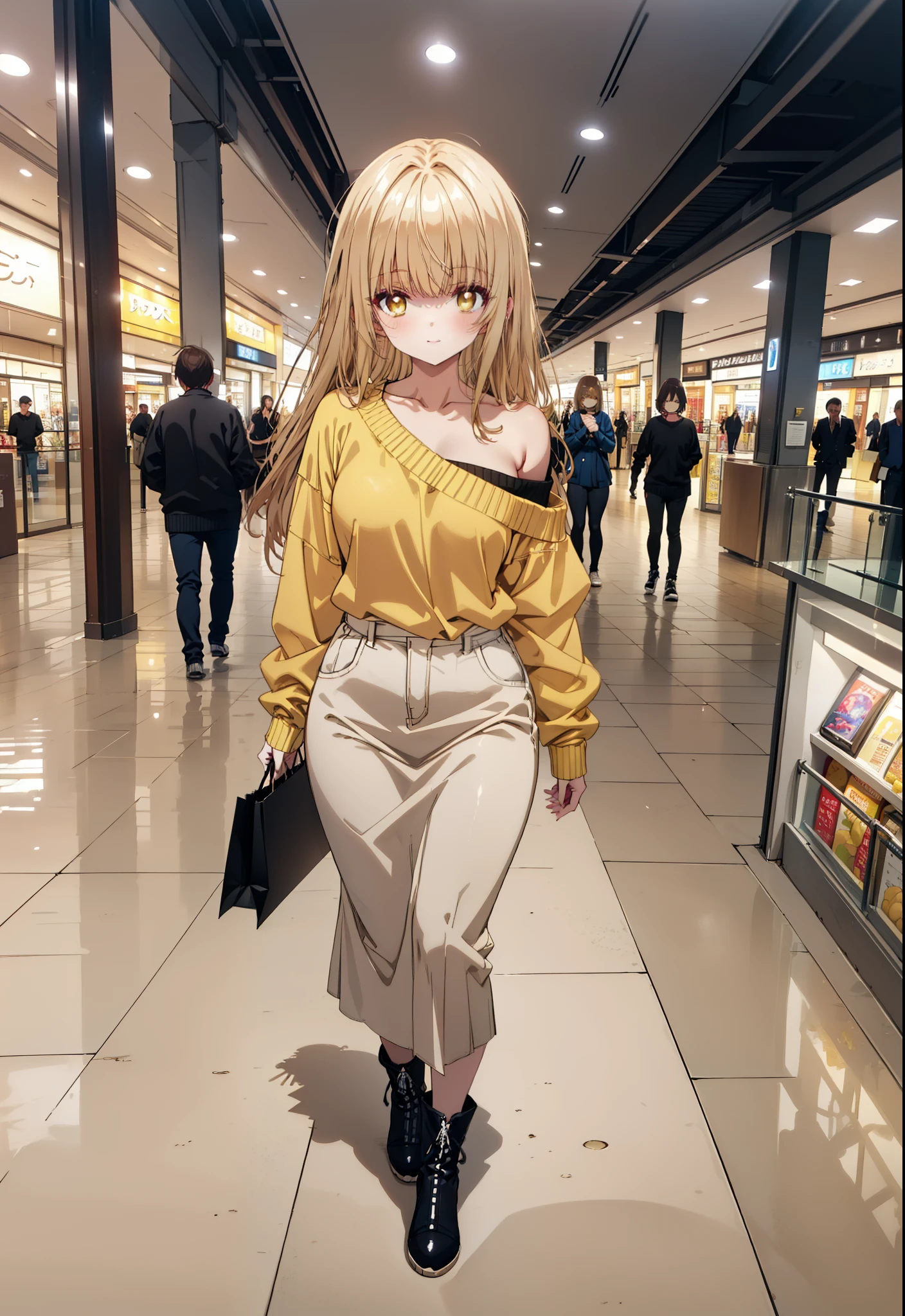 mahirushiina, mahiru shiina, Long Hair, bangs, Blonde, Brown Hair, (Yellow Eyes:1.3), smile,One-shoulder sweater,Long skirt,Black pantyhose,short boots,Walking,whole bodyがイラストに入るように,
break indoors, Shopping mall,
break looking at viewer, whole body,
break (masterpiece:1.2), Highest quality, High resolution, unity 8k wallpaper, (figure:0.8), (Beautiful attention to detail:1.6), Highly detailed face, Perfect lighting, Highly detailed CG, (Perfect hands, Perfect Anatomy),