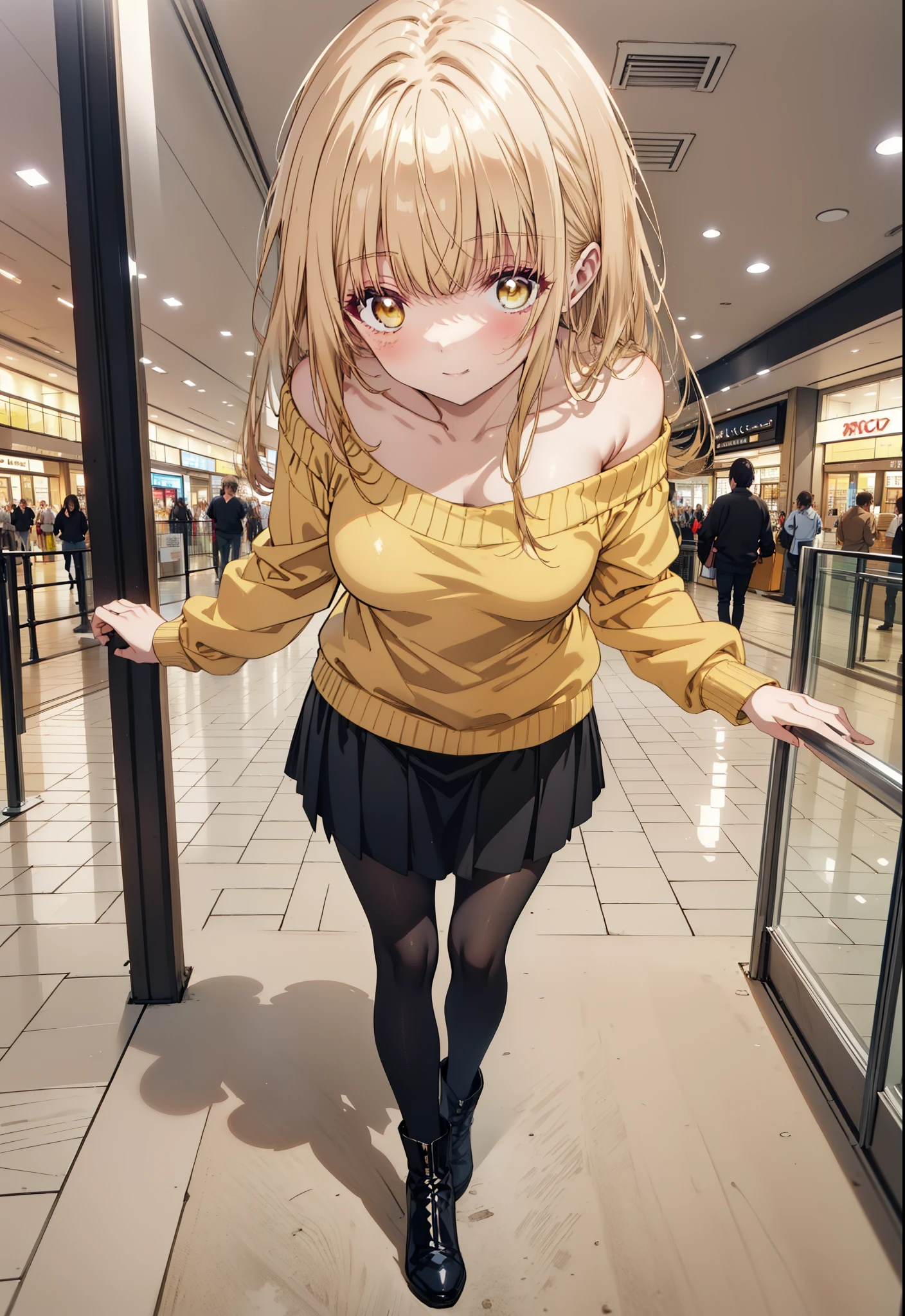 mahirushiina, mahiru shiina, Long Hair, bangs, Blonde, Brown Hair, (Yellow Eyes:1.3), smile,One-shoulder sweater,Long skirt,Black pantyhose,short boots,Walking,whole bodyがイラストに入るように,
break indoors, Shopping mall,
break looking at viewer, whole body,
break (masterpiece:1.2), Highest quality, High resolution, unity 8k wallpaper, (figure:0.8), (Beautiful attention to detail:1.6), Highly detailed face, Perfect lighting, Highly detailed CG, (Perfect hands, Perfect Anatomy),