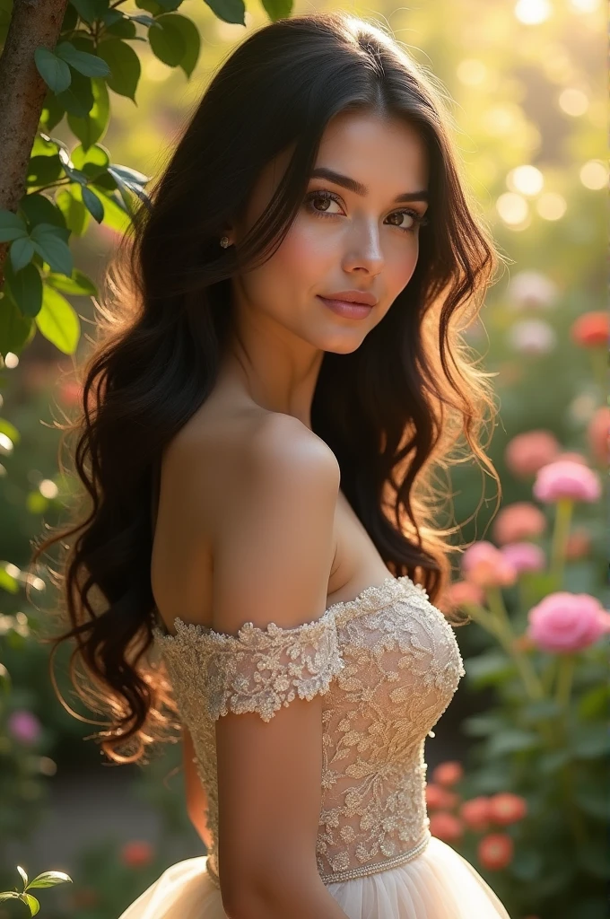 Subject/Theme: A cinematic shot of a beautiful woman standing on a balcony attached to a luxurious mansion, surrounded by colorful flowers.

Style: Cinematic

Scene Description:

Location: Opulent bedroom with a balcony overlooking a lavish estate
Ambiance: Morning sun, creating a warm and inviting atmosphere
Camera Shot Type: Medium Shot
Camera Lens: EE 70mm for capturing the details of the woman and the surroundings
Additional Details:

Model's Pose: Standing on the balcony, looking directly at the camera with a warm smile
Clothing: Sheer, see-through nightgown for a sensual and cinematic touch
Hair & Features: Black hair and beautiful facial features
Floral Surroundings: Colorful flowers adorning the balcony
Lighting: Soft morning sunlight, enhancing the warmth of the scene
Quality: Very high resolution for maximum detail
Keywords for Detail and Resolution:

Cinematic, High Quality, Photorealistic, Morning Sun, Opulent, Luxurious, Sensual, 70mm, HDR