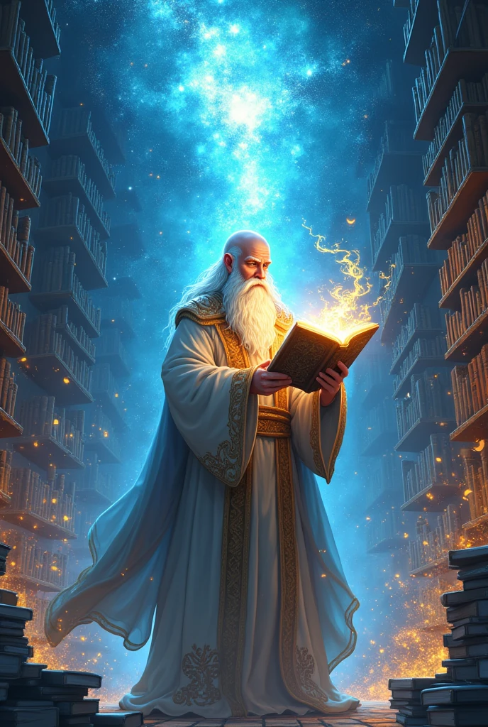 Create a god that has powers of knowledge bald with a beard and holding a Bright book based on anime