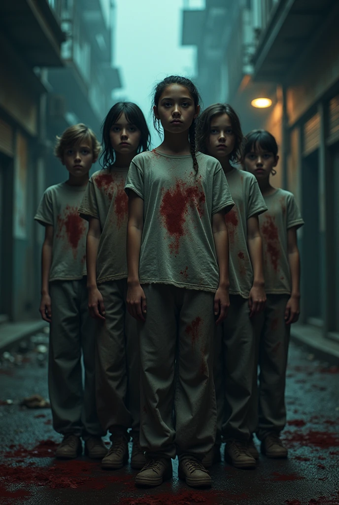 thin girl with pale short hair,fingers covered in blood, feet covered in blood, faces torn away from men and women tied to their waists, hospital sinister, liquid blood dress,full body