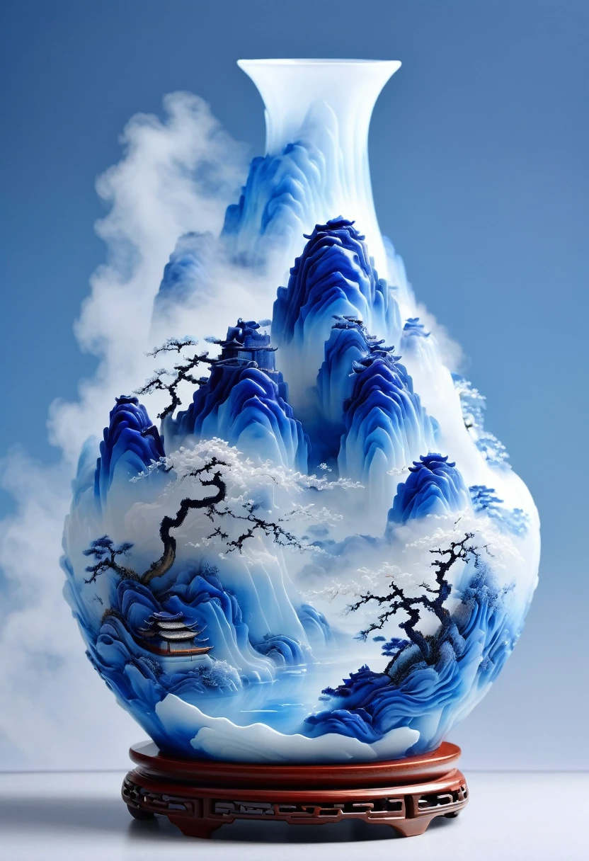 Micro landscape pattern carved on blue and white porcelain vase，Translucent glass material,Blue-white gradient,Traditional Chinese landscape painting,Abstract shapes,Minimalism,cave，3d。water vapor，White mist，Thick fog，