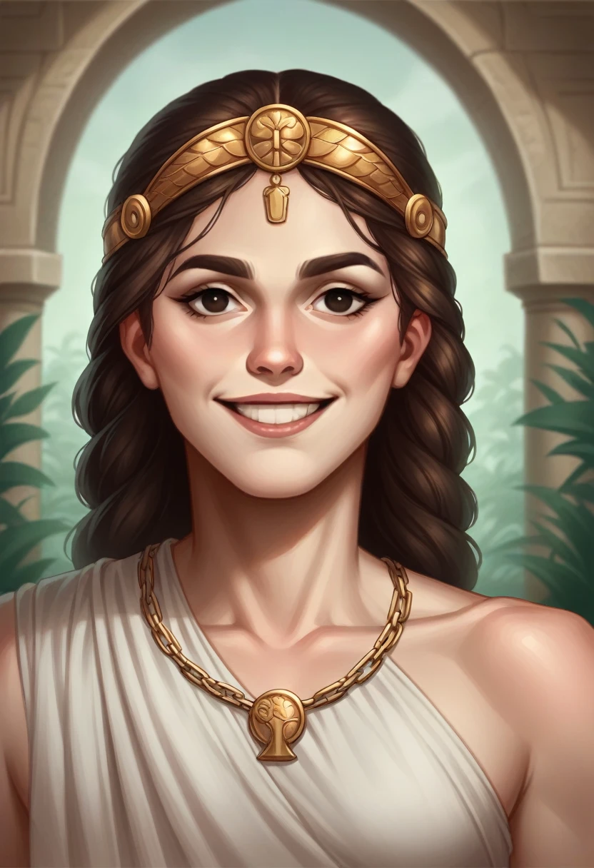 Greek goddes, female, young, slim, greek facial features, greek face anatomy, greek expression, ancient greek, flat 2d illustration, distinct Greek facial features. The subject should have olive-toned skin with a smooth, even complexion. Their face should be symmetrical with high cheekbones and a straight, prominent nose. The eyes should be almond-shaped, slightly tilted, and deep-set, with a warm brown color and thick, dark eyelashes. The eyebrows should be thick and naturally arched. The subject’s lips should be full and well-defined, with a slight cupid’s bow on the upper lip. The hair should be dark, wavy, and thick, framing the face in soft, natural waves. The expression should be calm and serene, with a slight, knowing smile. The background should be a simple, blurred outdoor scene to keep the focus on the facial features, smirk face, grin, playful expression, biting her lips