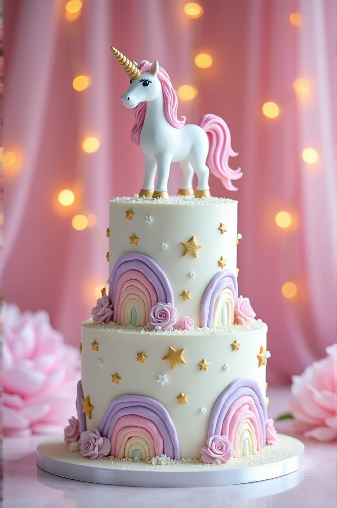 Unicorn theme 2 tier white cake for twin girls