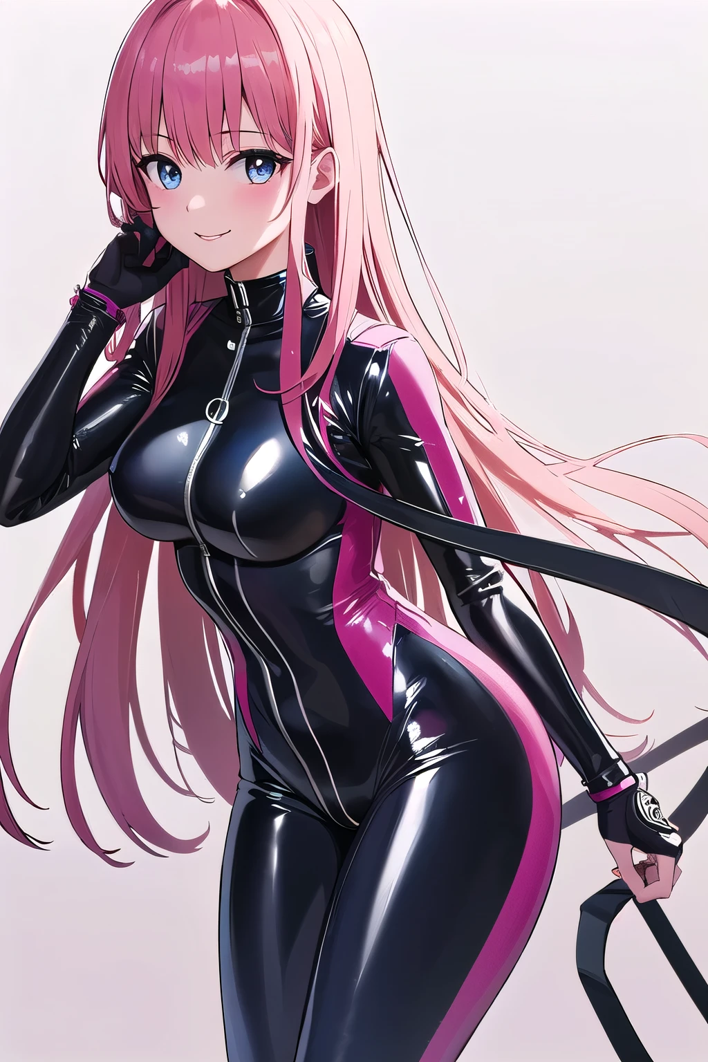 (8K, top-quality, masterpiece:1,2), (reallistic, Photorealsitic:1.37), Super Detail, One girl,), (Highly detailed), (beautifully detailed eyes), (of the highest quality), (super detailed ), (masterpiece), (Detailed face),20yr old, ,1 girl, ((pink hair,long hair)), medium breasts, clothed, Perfect Lighting, BREAK, (mysterious bodysuit:1.5), (dark queen:1.3), (glossy black:1.3), (burgundy tears:1.2), (high-neck:1.2), (cutout sleeves:1.1), (gold trim:1.2), (high-leg cutouts:1.3), (shiny leather:1.2), (gold ankle chains:1.2), (strappy heels:1.2), (gold choker:1.1), (statement bangles:1.1), BRAKE, (high quality:1.5), (upper body and knees:1.2), (pink long hair:1.2), (mysterious expression:1.2), (enticing smile:1.1), (facing forward:1.1), (seductive pose:1.3), (dark background:1.2), (royal blue:1.1), (purple hues:1.1), (low lighting:1.2), (contrasting shadows:1.2), BRAKE