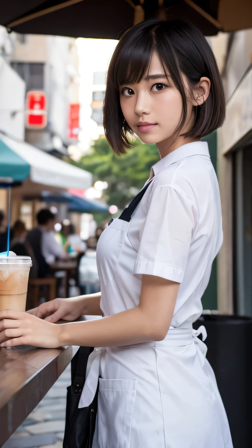 (Ultra-realistic), (figure), (High resolution), (8k), (Very detailed), (Best figure), (Beautiful and detailed), (Highest quality), (Super detailed), (masterpiece), (wallpaper), (Detailed face), alone, One Girl, watching viewer, Cafe staff、Starbucks、apron,Cafe latte、Less exposure、Fine details, Detailed face, In the Dark, Deep Shadow, Modest, Pure Erotic Face Ace_v1, cool, short hair, Pointed diagonal bangs,Aoyama Street