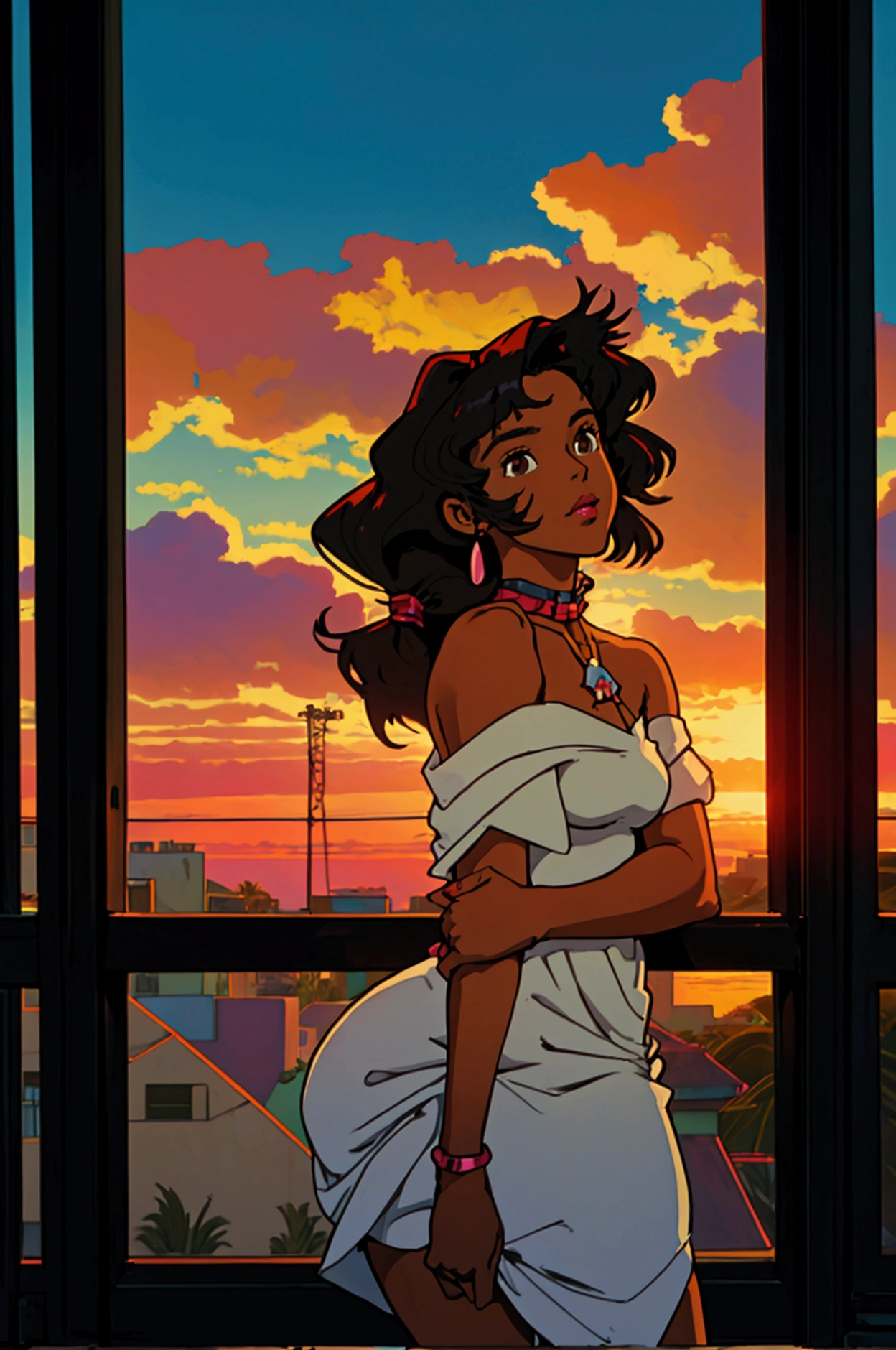 cowboy bebop, black female character, dark skinned, black girl, 30, long hair, brown eyes, blue light, wearing a tight orange party dress, kissing a Latina in a detailed modern luxury villa with a panoramic view of the miami sunset