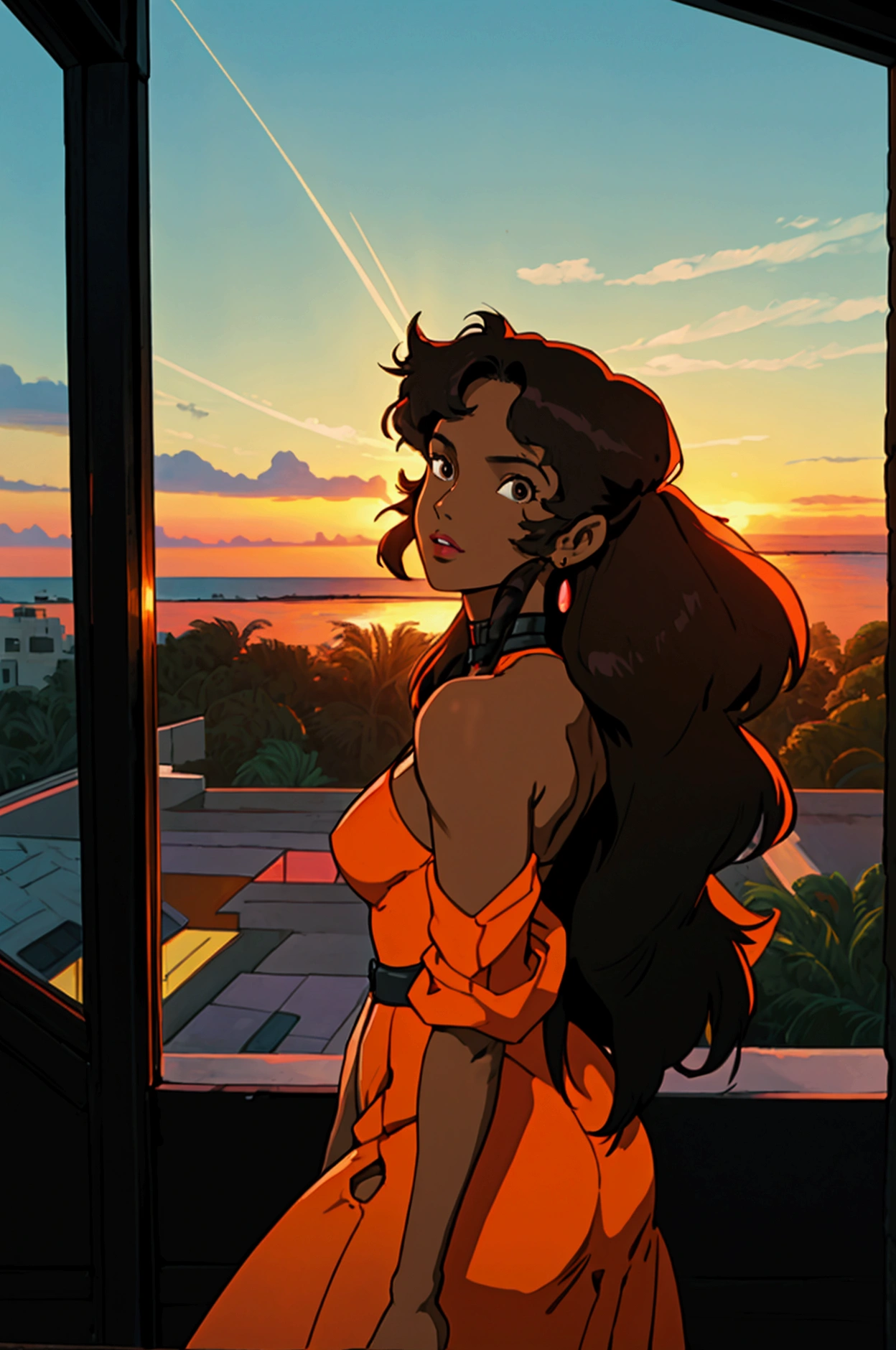 cowboy bebop, black female character, dark skinned, black girl, 30, long hair, brown eyes, blue light, wearing a tight orange party dress, kissing a Latina in a detailed modern luxury villa with a panoramic view of the miami sunset