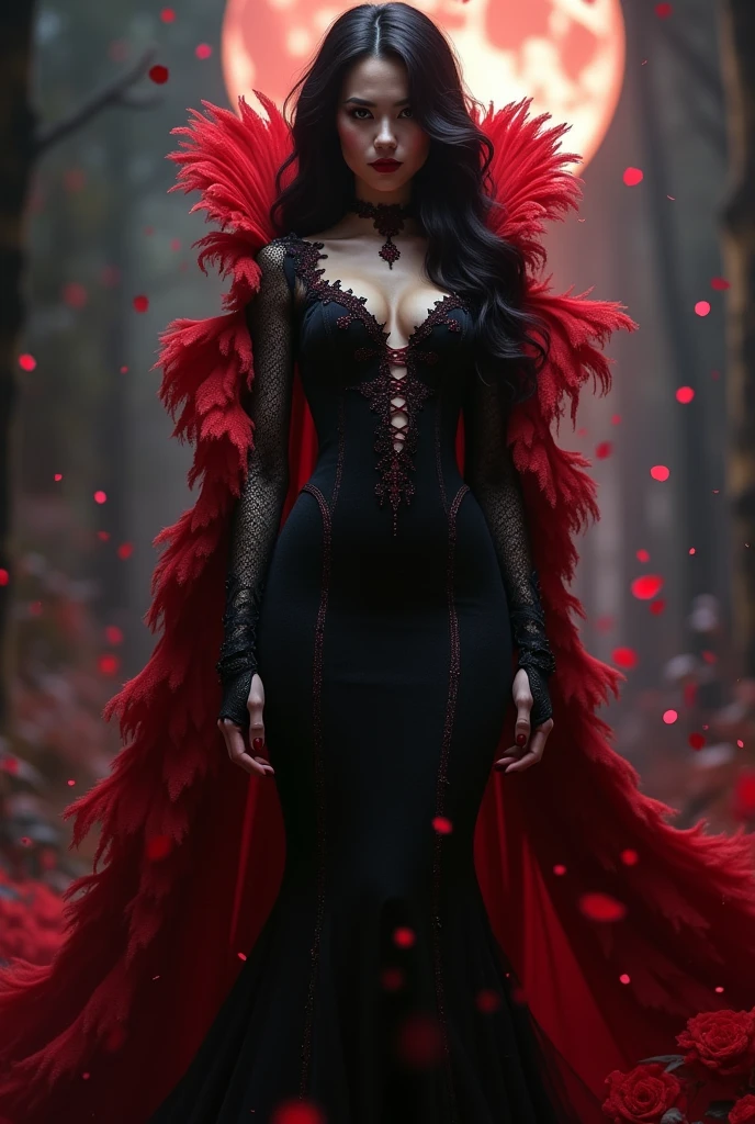 Sexy older sister Black and red hair(7:3) villain Vampire Queen Blood aura Black and red dress Overwhelming power red aura Cute and cool Are standing