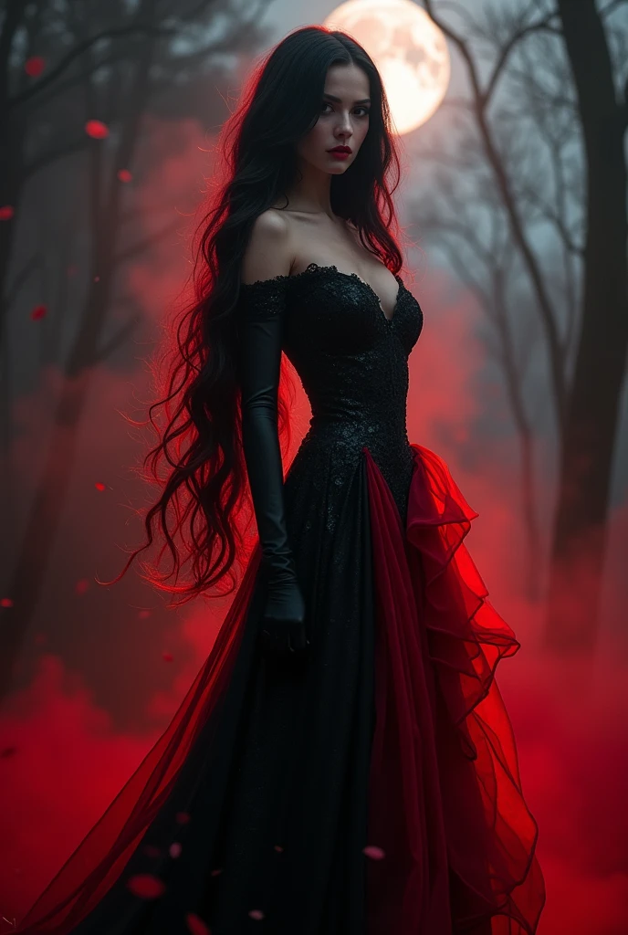 Sexy older sister　Black and red hair(7:3) villain　Vampire Queen　Blood aura　Black and red dress　Overwhelming power　red aura　Cute and cool　Are standing