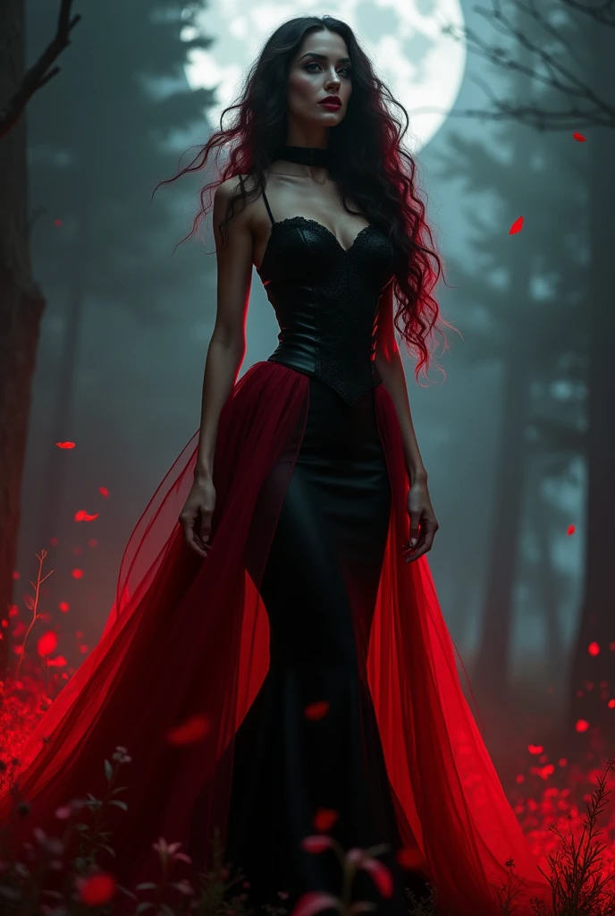 Sexy older sister　Black and red hair(7:3) villain　Vampire Queen　Blood aura　Black and red dress　Overwhelming power　red aura　Cute and cool　Are standing