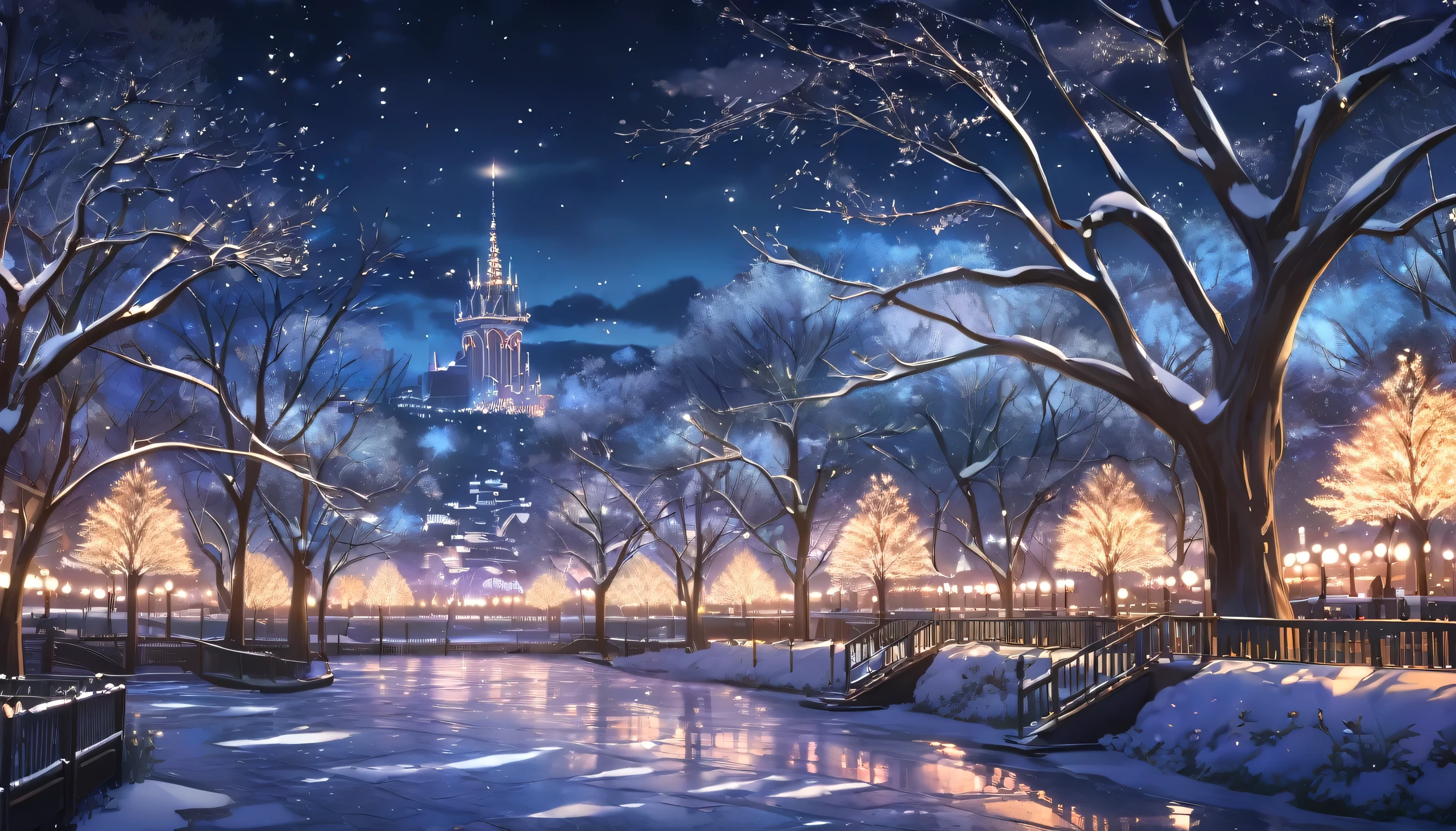 a detailed anime winter night city landscape, a park with bare trees decorated with illuminations, highly detailed, masterpiece, photorealistic, 8k, cinematic lighting, moody colors, dramatic lighting, intricate details, beautiful scenery, atmospheric, serene, whimsical, elegant, flowing fabric, shimmering lights, magical, captivating, majestic, magnificent, no snow