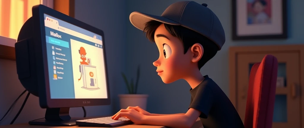 ( male character) a young boy animated film in the Disney Pixar style, high qualiy, best quality , pretty face dark skin, short and straight hair , beautiful eyebrow , wears black shirt , wears a cap backwards, is messing around on the computer in his room, on the mailbox screen , hands on keyboard