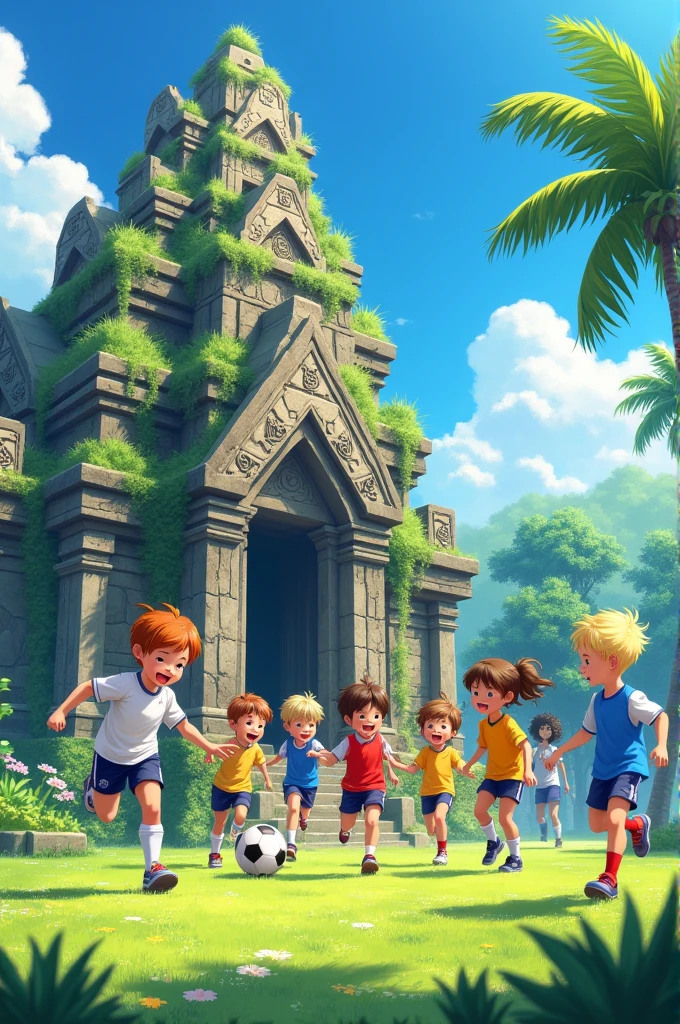 Create for me a picture of children playing soccer next to a stone temple. Anime style