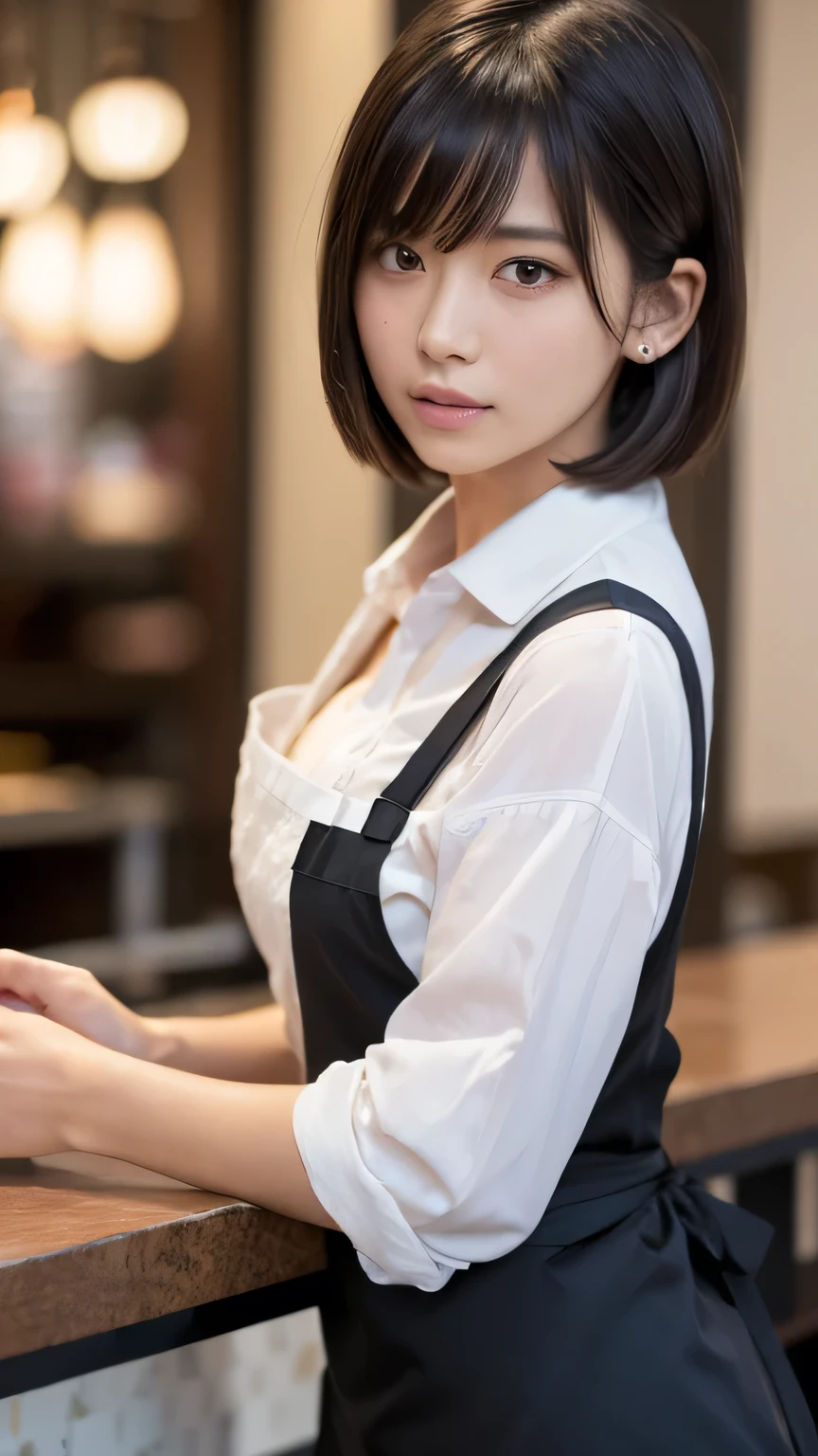 (Ultra-realistic), (figure), (High resolution), (8k), (Very detailed), (Best figure), (Beautiful and detailed), (Highest quality), (Super detailed), (masterpiece), (wallpaper), (Detailed face), alone, One Girl, watching viewer, Cafe staff、Starbucks、apron，Cafe latte、Less exposure、Fine details, Detailed face, In the Dark, Deep Shadow, Modest, Pure Erotic Face Ace_v1, cool, short hair, Pointed diagonal bangs，Aoyama Street