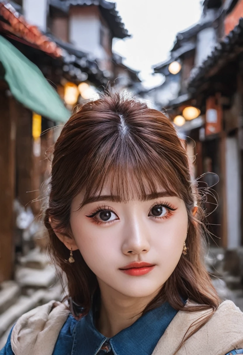 HIMESANA, ( Sony Alpha a7 III taken Photography, 8k, 32k, High Resolution, Highest quality, 8K, 32k, (Detailed and clear eyelash::1.5), Candid Shot, masterpiece),(Mediun shot::1.2),(Candid Shot::1.2), 20 yo girl, Solo_femele, Looking sideway, Background is detailed Korean alley, View All