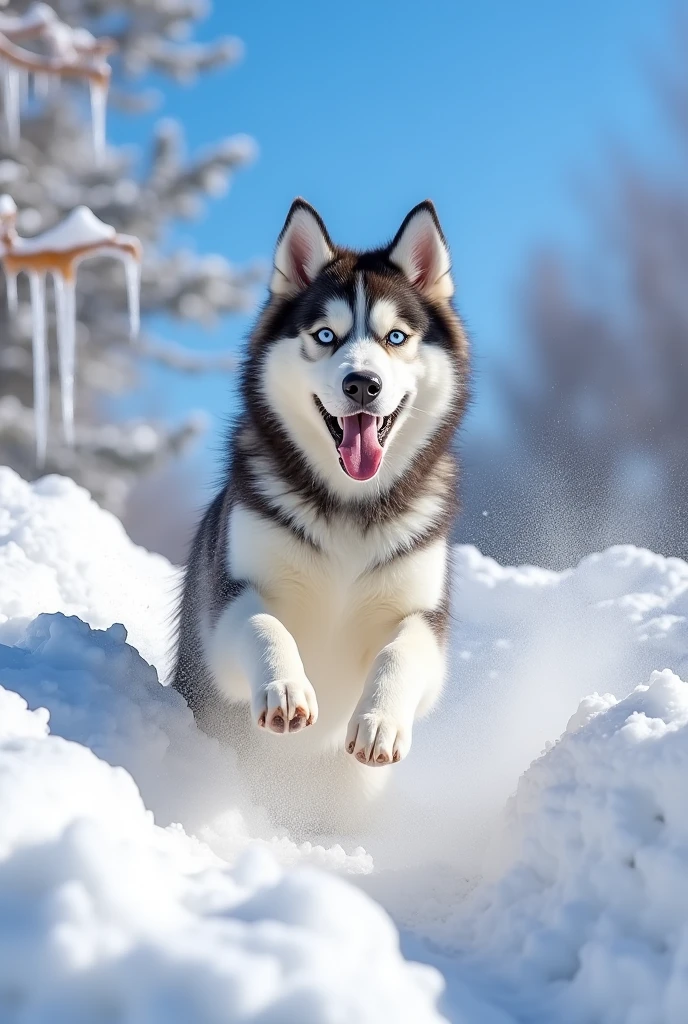 Draw a husky jumping out of a snowdrift