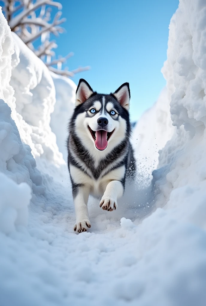 Draw a husky jumping out of a snowdrift