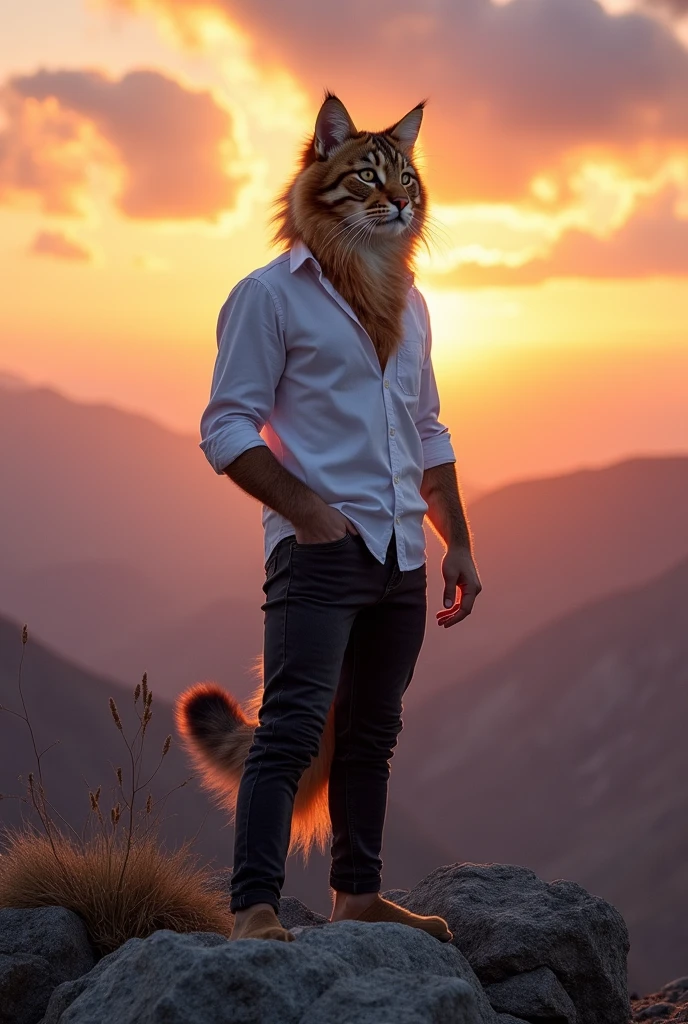 The kitten  dresses in white shirt and black jeans grown into a strong, confident cat, standing on a mountaintop, symbolizing triumph and fulfillment.