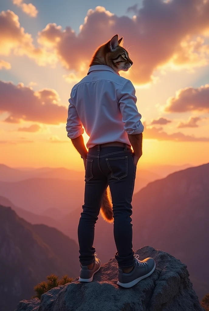 The kitten  dresses in white shirt and black jeans grown into a strong, confident cat, standing on a mountaintop, symbolizing triumph and fulfillment.