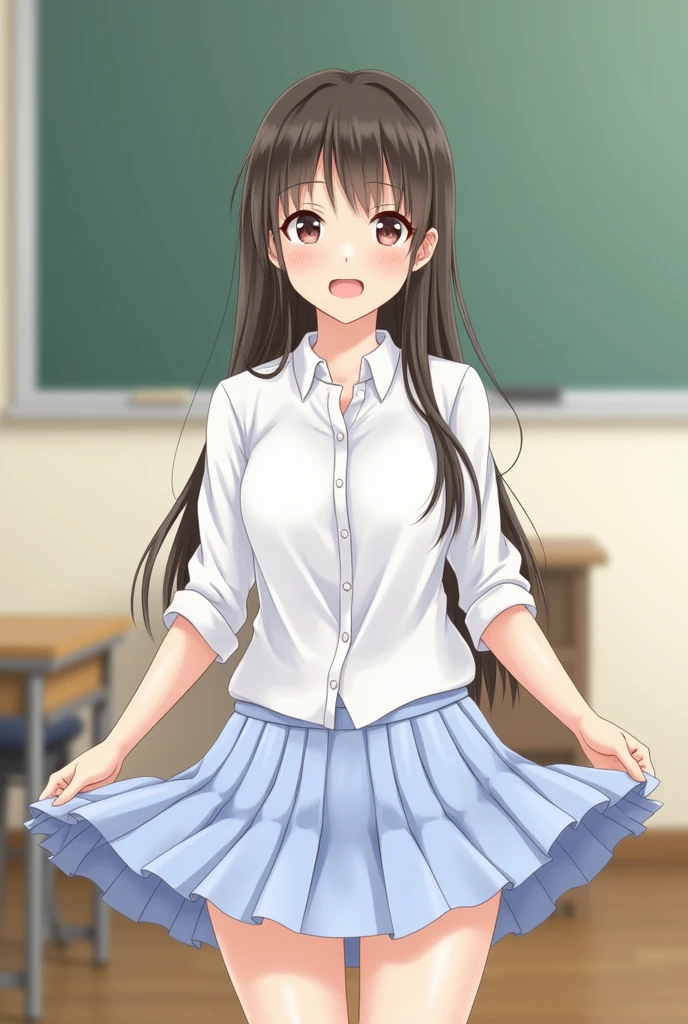 (Browsing Caution), 8k, Highest quality, masterpiece,Japanese , 19 years old, Long Hair, classroom, Japanese high , (mini skirt:1.3), (Please lift your skirt:1.3), (Pixie_cut), (Show light blue panties),((White shirt)), (Bra see-through)