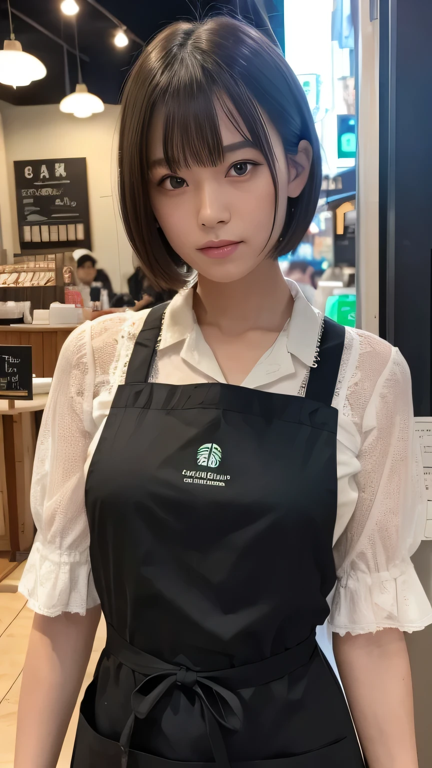 (Ultra-realistic), (figure), (High resolution), (8k), (Very detailed), (Best figure), (Beautiful and detailed), (Highest quality), (Super detailed), (masterpiece), (wallpaper), (Detailed face), alone, One Girl, watching viewer, Cafe staff、Starbucks、apron,Cafe latte、Less exposure、Fine details, Detailed face, In the Dark, Deep Shadow, Modest, Pure Erotic Face Ace_v1, cool, short hair, Pointed diagonal bangs,Aoyama Street