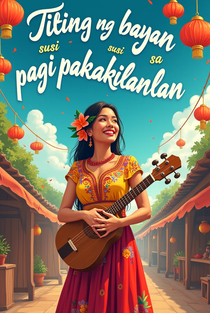 Make a slogan using this sentence "Tinig ng bayan, susi sa pagkakakilanlan" make a drawing with it too make it filipino traditional outfit