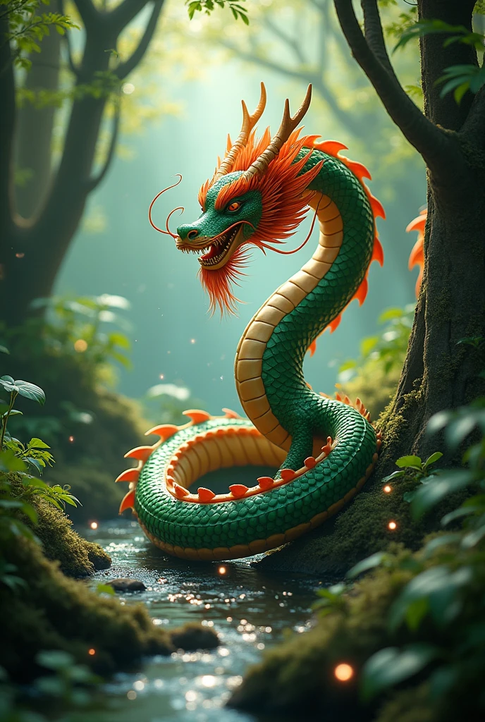 Create an image of a Chinese dragon with no wings, coiled gracefully in a lush, magical forest. The dragon should have a long, serpentine body covered in intricate scales with vibrant colors like emerald green, gold, and crimson. Its face should be adorned with a majestic mane and long, flowing whiskers. The background should feature a dense, enchanting forest with towering trees, glowing plants, and mystical fog. The forest should be illuminated with a soft, ethereal light, casting an otherworldly glow on the dragon and the surroundings. Include details like shimmering leaves, sparkling streams, and delicate, floating orbs of light to enhance the magical atmosphere.