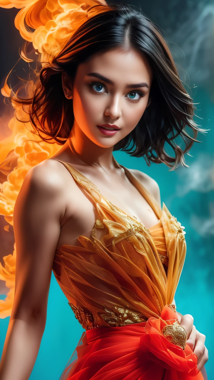 A very close up of gadis_jelita, beautiful eyes, coquettish, wearing Gold silk dress, hands touching jaws, red lipstick, detail, fire. abstract blue-turquoise fire, eyes looking at camera, fire sprayed to water from left and right side, fire in blue-turquoise colours, black background, illustrative, UHD, (best quality,4k,8k,highres,masterpiece:1.2),ultra-detailed,(realistic,photorealistic,photo-realistic:1.37),vivid colors,vibrant,dynamic,mesmerizing,hypnotic,liquid art,abstract expressionism,liquid rainbow,underwater scene,dramatic lighting,dynamic composition,rainbow sprays,black void background