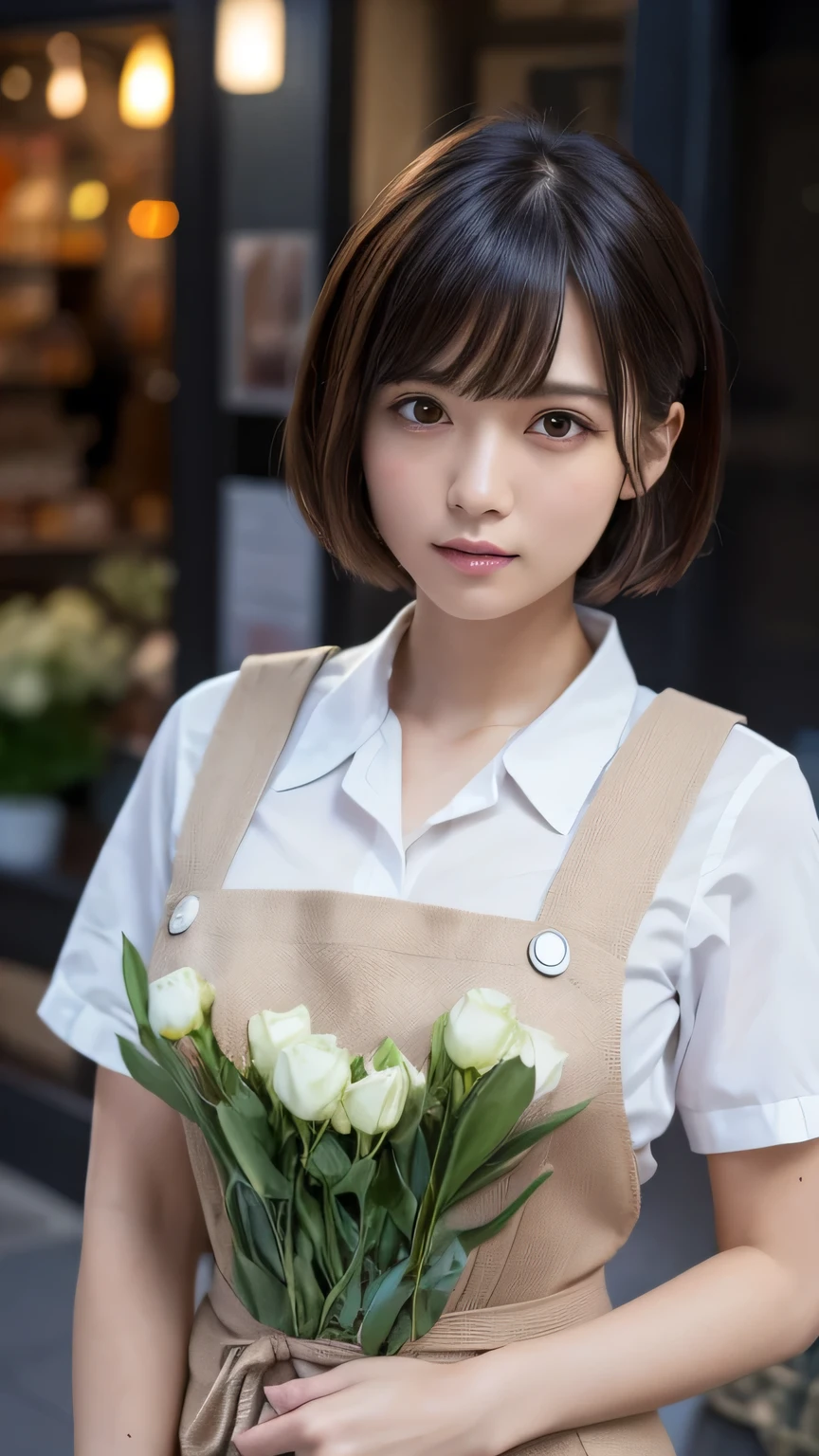 (Ultra-realistic), (figure), (High resolution), (8k), (Very detailed), (Best figure), (Beautiful and detailed), (Highest quality), (Super detailed), (masterpiece), (wallpaper), (Detailed face), alone, One Girl, watching viewer, Florist clerk、apron,、Less exposure、Fine details, Detailed face, In the Dark, Deep Shadow, Modest, Pure Erotic Face Ace_v1, cool, short hair, Pointed diagonal bangs,Aoyama Street