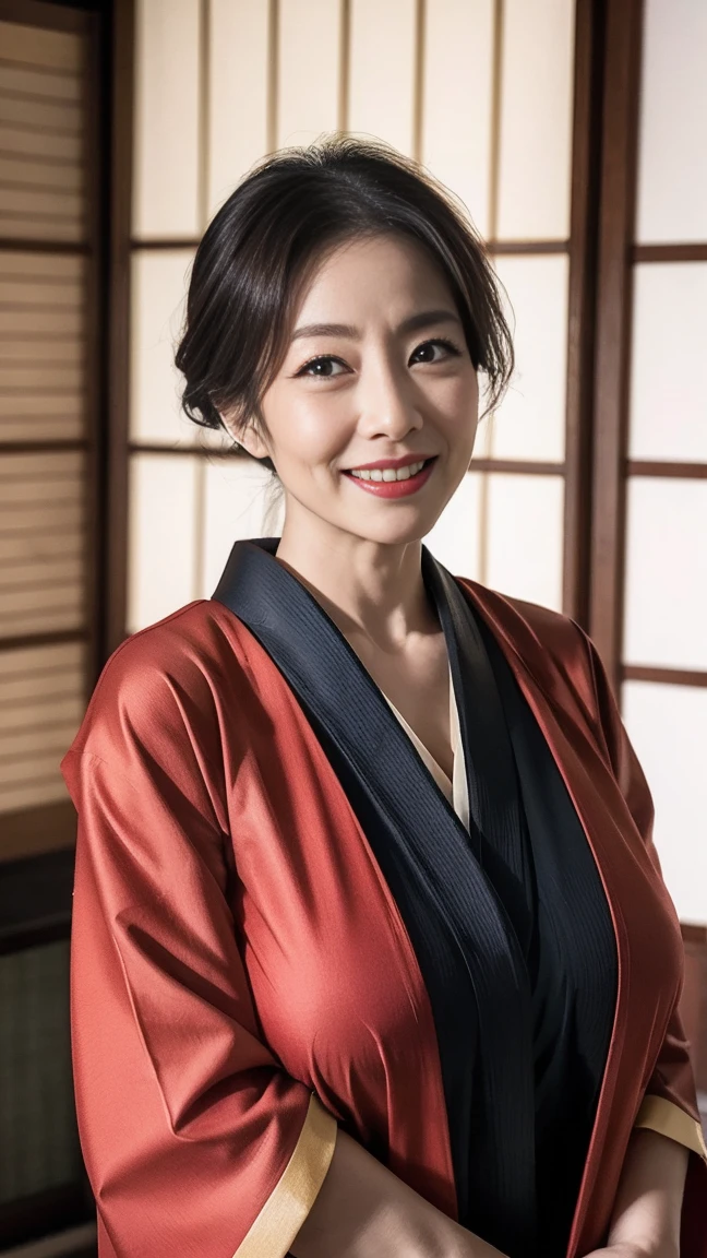 Mature attractive sexy woman,50 years old, ((kimono)),((vermilion))、(((kimono))),Shut,((Big Breasts:1.1)),(Facial wrinkles:1.3),light makeup,Light brown hair,Long Hair,(Full body photo:0.85),(Emphasize big buttocks),8k, RAW Photos, Highest quality, Laughter,masterpiece,Highest quality、A kind smile、A captivating gaze、Random Hairstyles、Japanese-style room、Shoji Screen、lanthanum、