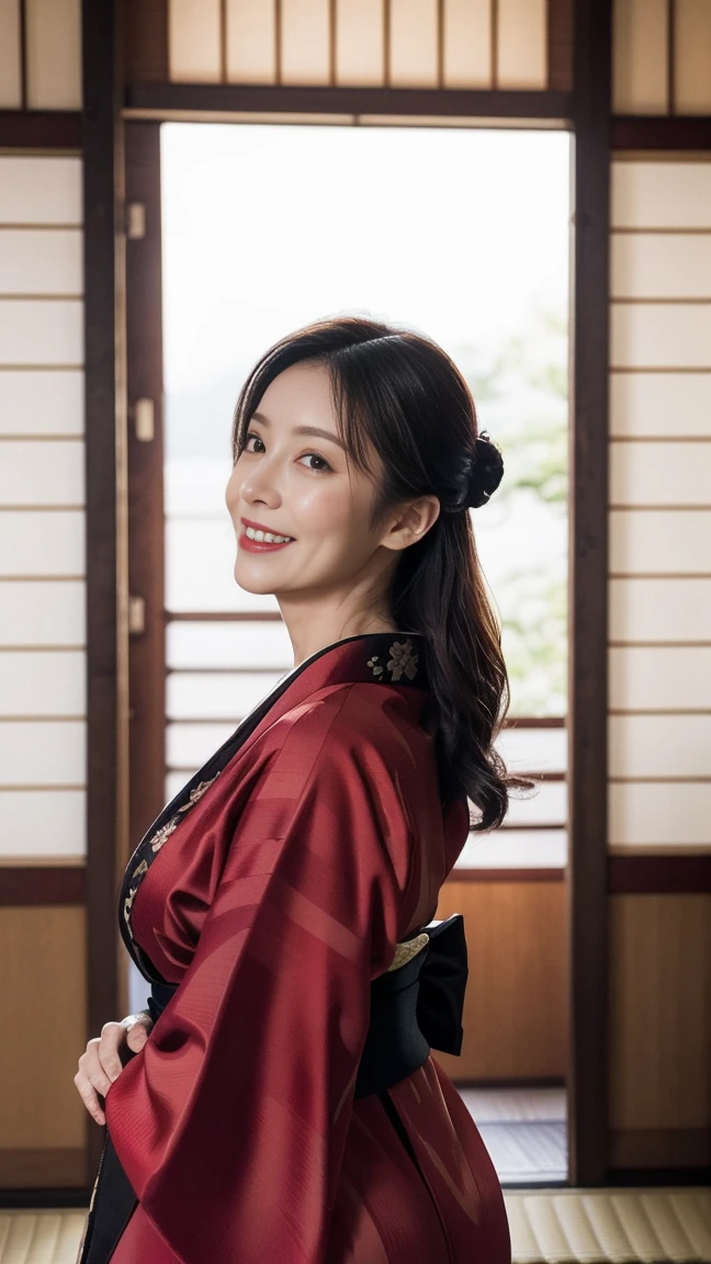 Mature attractive sexy woman,50 years old, ((kimono)),((vermilion))、(((kimono))),Shut,((Big Breasts:1.1)),(Facial wrinkles:1.3),light makeup,Light brown hair,Long Hair,(Full body photo:0.85),(Emphasize big buttocks),8k, RAW Photos, Highest quality, Laughter,masterpiece,Highest quality、A kind smile、A captivating gaze、Random Hairstyles、Japanese-style room、Shoji Screen、lanthanum、