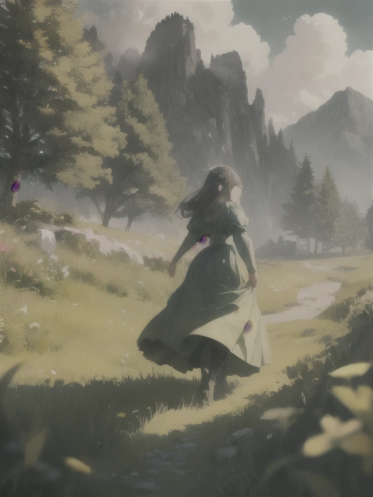 In a green meadow stands a girl leading a group of knights.
BREAK
With a brave expression, she guides them towards their destination.
BREAK
Behind her, a green forest stretches out and beyond that, mountains rise in the distance.
BREAK
The most suitable effect for this scene would be a watercolor painting technique to capture the softness of the meadow and the fluidity of the movement.
