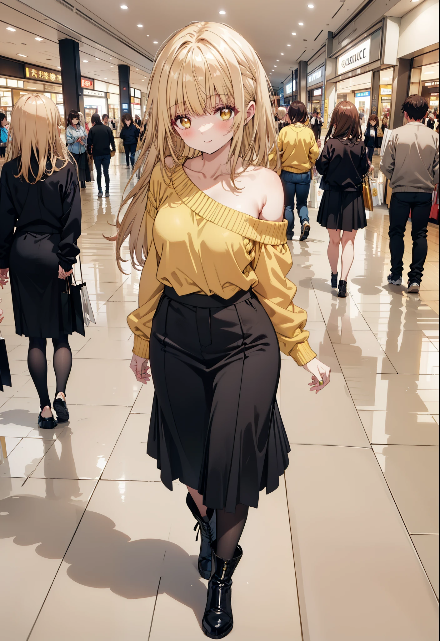 mahirushiina, mahiru shiina, Long Hair, bangs, Blonde, Brown Hair, (Yellow Eyes:1.3), smile,One-shoulder sweater,Long skirt,Black pantyhose,short boots,Walking,whole bodyがイラストに入るように,
break indoors, Shopping mall,
break looking at viewer, whole body,
break (masterpiece:1.2), Highest quality, High resolution, unity 8k wallpaper, (figure:0.8), (Beautiful attention to detail:1.6), Highly detailed face, Perfect lighting, Highly detailed CG, (Perfect hands, Perfect Anatomy),