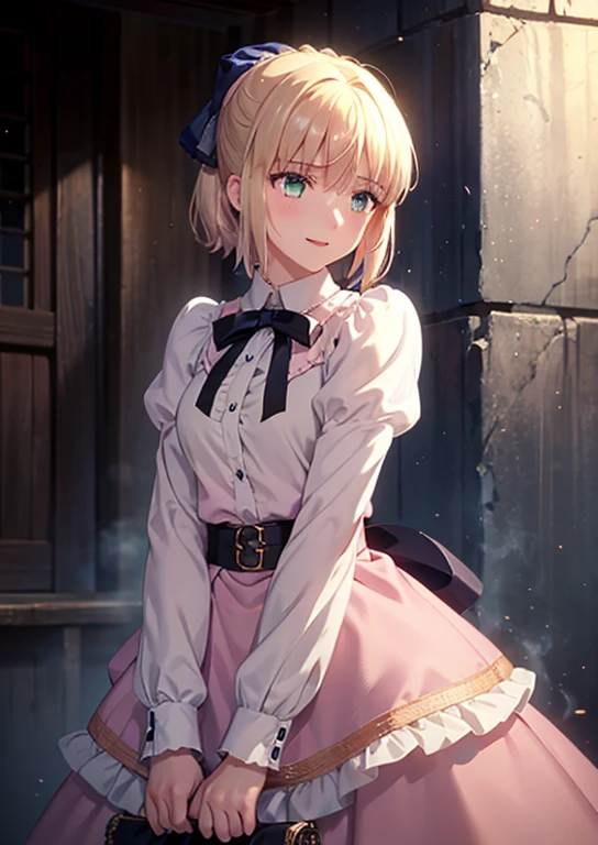 masterpiece, beautiful detail, beautiful light and shadow,Beautiful Anime Woman, Beautiful art style, Anime characters,1girl, ((((solo)))),saber,blonde hair, short hair, hair ribbon, jirai fashion, ((pink blouse)),elegant frills, skirt,golden cuffs, white collar,belt,outdoors,winter,smile,parted lips break ((dynamic pose)), dramatic makeup, close-up