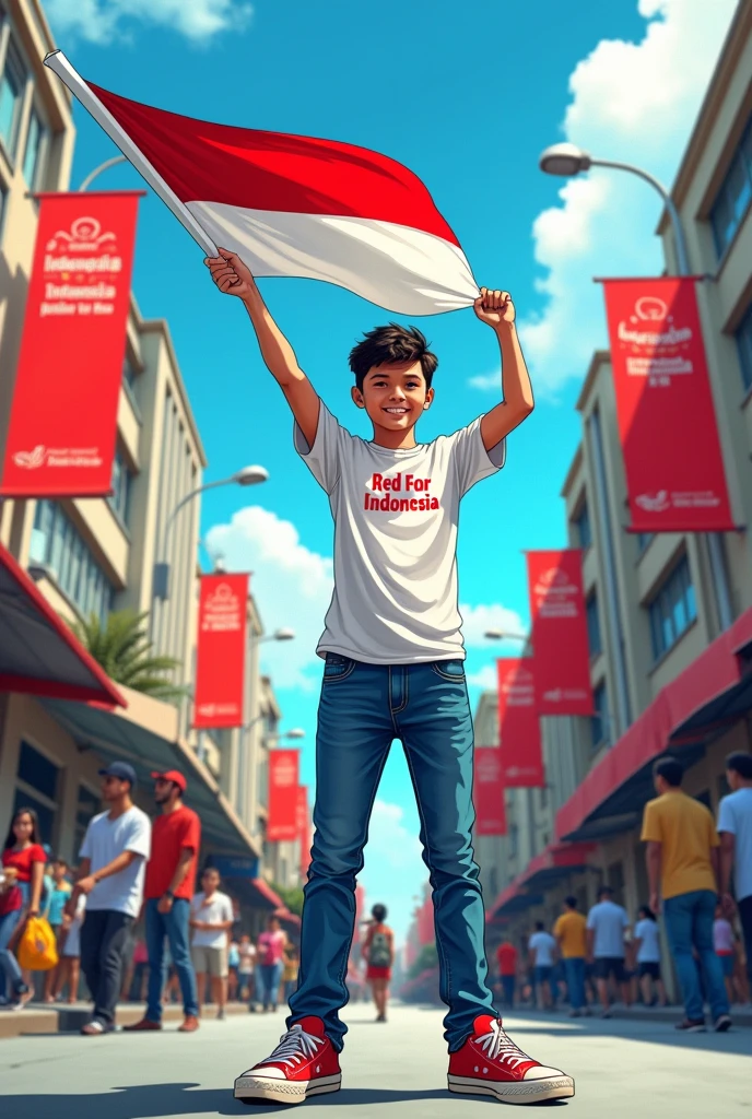 Produce a Realistic 30 year old boy, wearing a white t-shirt, blue jeans, sneakers, and name "KLUBSLOT" written on his shirt and the boy is standing on the street holding the Indonesian national flag, and behind it is Red For Indonesia. and written in the sky Independence Day "create high quality Realistic images, in comic book style