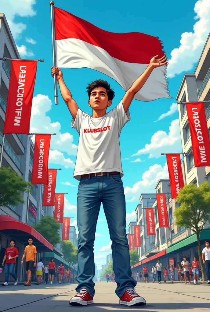 Produce a Realistic 30 year old boy, wearing a white t-shirt, blue jeans, sneakers, and name "KLUBSLOT" written on his shirt and the boy is standing on the street holding the Indonesian national flag, and behind it is Red For Indonesia. and written in the sky Independence Day "create high quality Realistic images, in comic book style
