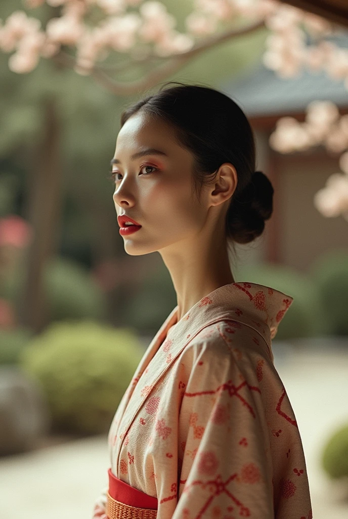editorial photography,super detailed background,Super realistic,double exposure,depth of field,cool beauty super skinny vides,soft focus sepia color tone,narrative scene,Zen garden,open Crimson lips,Wabi-Sabi,narrow eyes,geometric kimono,portrait photo,looking away,super short straight hairstyle,