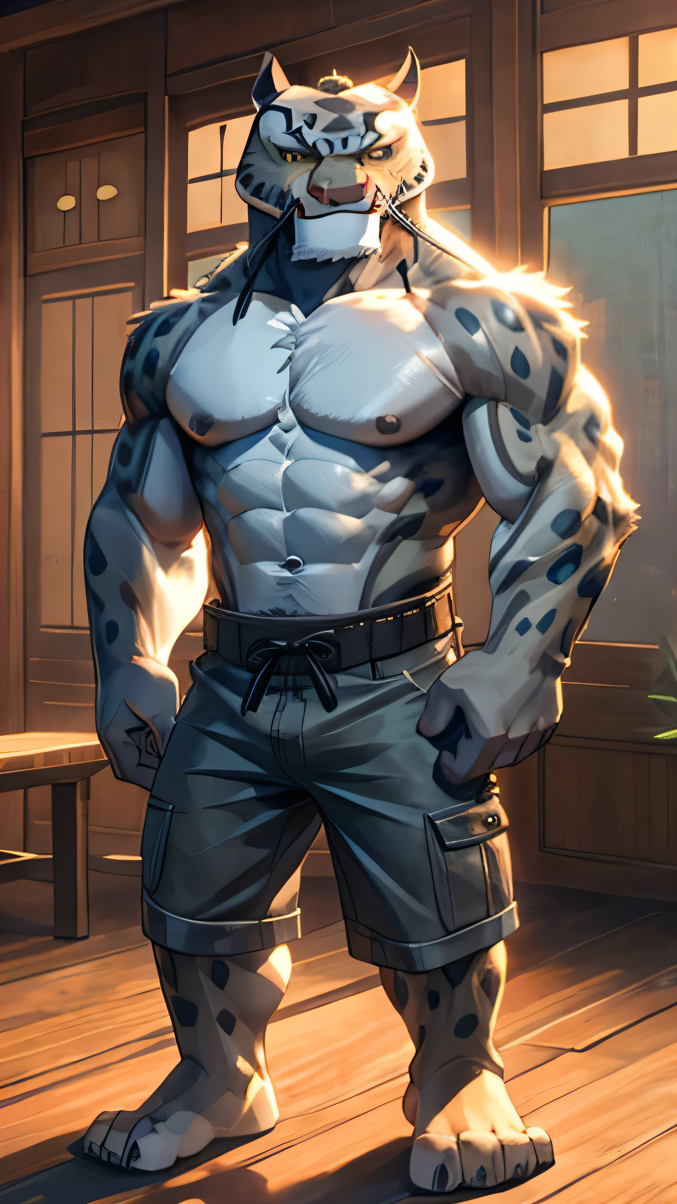 Tai Lung from Kung Fu Panda movie, extremely beautiful face, muscular body, six pack abs, shirtless, bare feet, wears a denim cargo shorts, smile, standing in the room