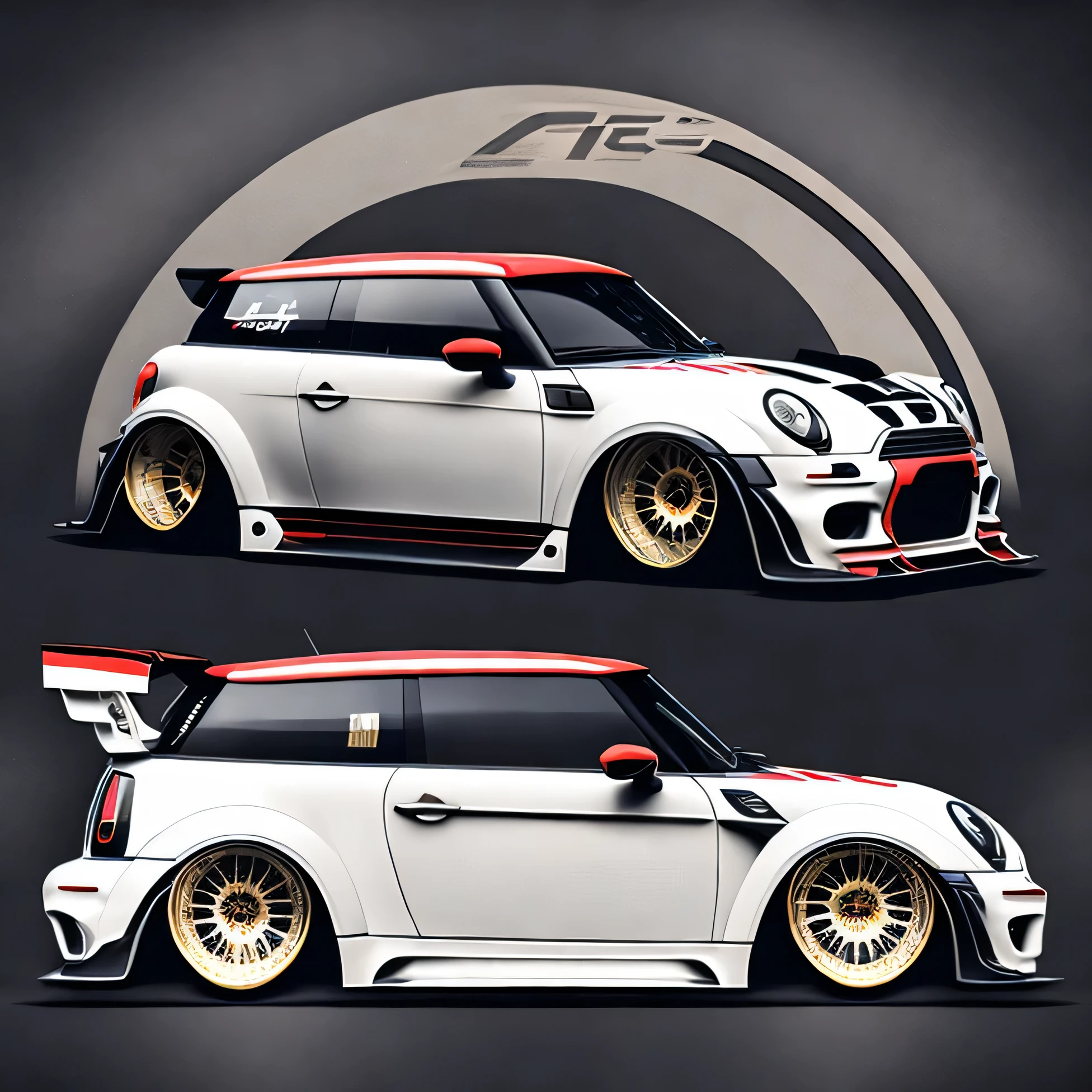 Zephyr Designz circlular Artwork for t-shirt graphic design a race inspired graphic design front profile shot r53Mini Cooper S white colour scheme, Zephyr Designz carbon fibre body kit design, Liberty walk ultra wide body kit, aggressive stance background: racetrack, outside old industrial style building, large windows in background, bright sky, heavy industrial look, 8K quality, realistic, realism, sharp, detailed, ultrawide, ,epic ultra wide body kit, super low stance, aggressive looks , vector image, t shirt design circular faded edges