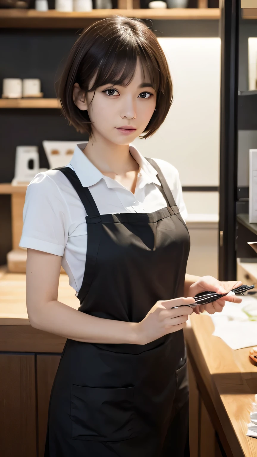 (Ultra-realistic), (figure), (High resolution), (8k), (Very detailed), (Best figure), (Beautiful and detailed), (Highest quality), (Super detailed), (masterpiece), (wallpaper), (Detailed face), alone, One Girl, watching viewer, Florist clerk、apron,、Less exposure、Fine details, Detailed face, In the Dark, Deep Shadow, Modest, Pure Erotic Face Ace_v1, cool, short hair, Pointed diagonal bangs,Aoyama Street